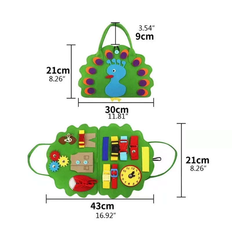 Green peacock-shaped busy board toy with colorful feathers. Measures 30cm x 21cm folded, 43cm x 21cm unfolded, featuring gears, buckles, and a clock for educational play.