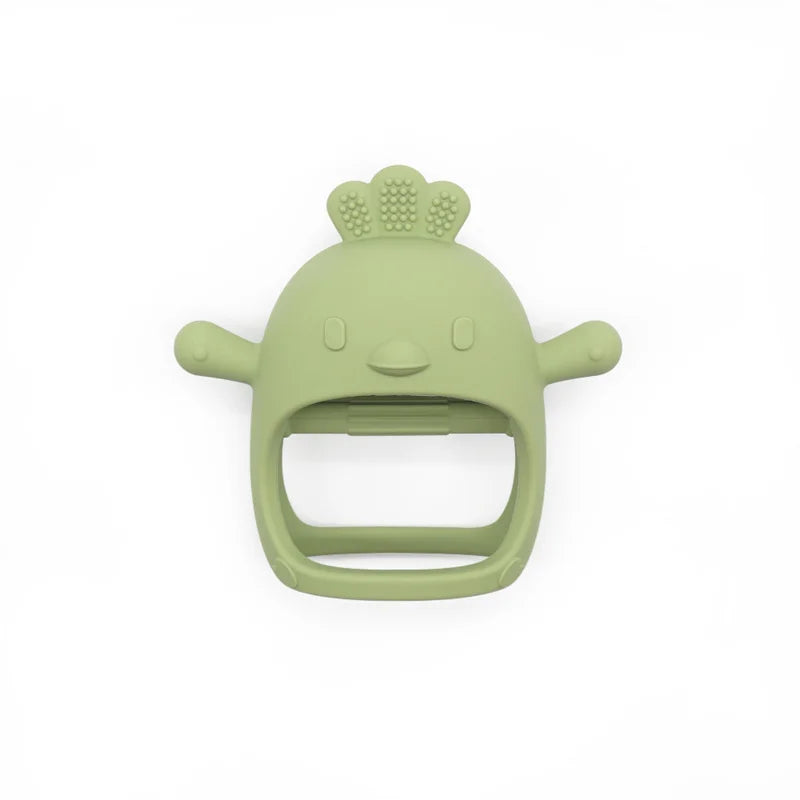 Green silicone teething toy shaped like a bird with textured crest, two handle-like wings, and a large circular opening for easy grip.