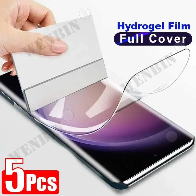 Hand applying a transparent hydrogel film onto a smartphone screen with text "Hydrogel Film Full Cover" and "5PCS" in red, indicating a pack of five screen protectors.