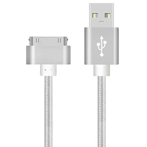 Silver USB to 30-pin connector cable, featuring a USB plug on one end and a wide, flat 30-pin plug on the other, suitable for older Apple devices.