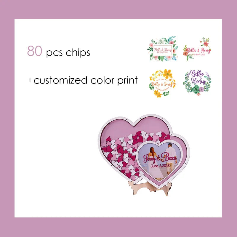 Heart-shaped guest book with 80 red and pink heart-shaped chips, customized color print. Includes floral design options with names and dates. Purple background.