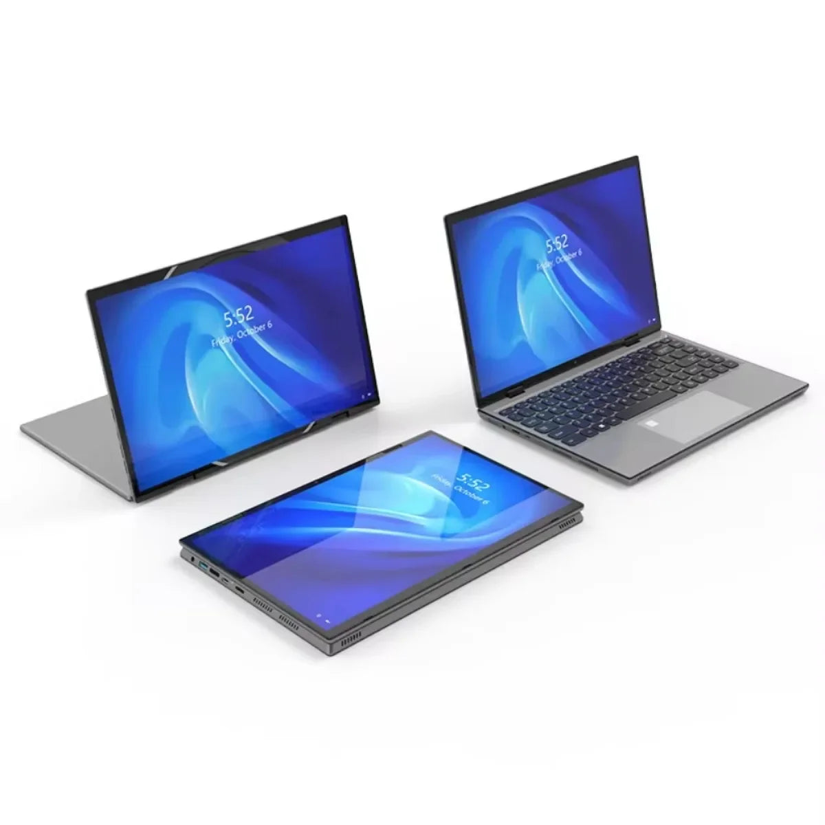 Three sleek laptops in different modes: tent, open, and closed, display vibrant blue screens showing the time 5:52. The design is modern with a minimalist style.