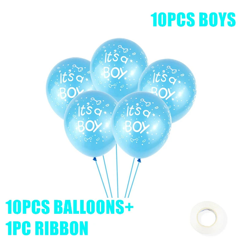 Set of five blue balloons with "It's a Boy" text, surrounded by small white designs. Includes 10 balloons and a roll of ribbon for baby shower decorations.