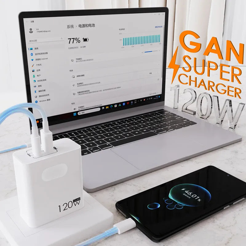 Laptop and smartphone on a desk, both charging via a 120W GaN super charger. The laptop screen displays a battery status of 77%, while the phone shows 4601%.