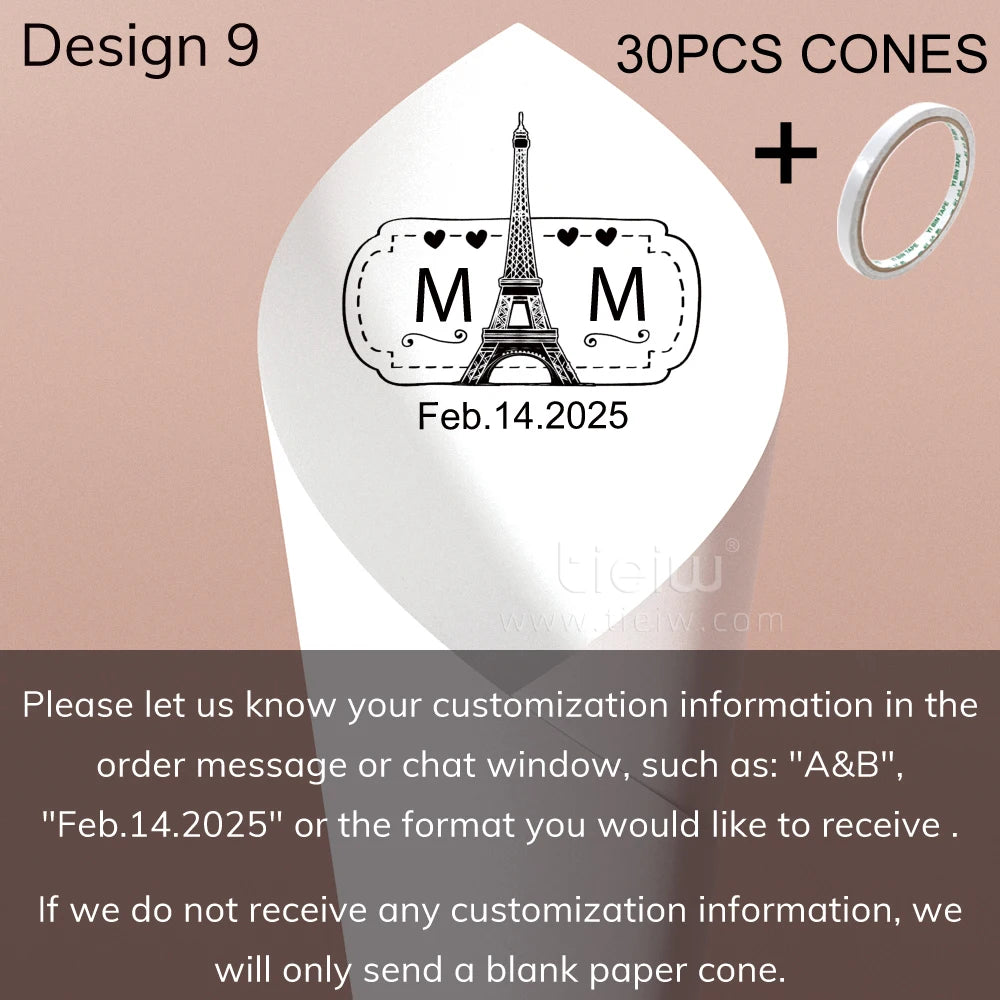 Cone design labeled "Design 9" with Eiffel Tower graphic and initials "M M", dated "Feb.14.2025". Includes text offering customization options. Pack includes 30 cones and tape.
