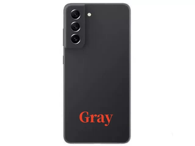 A black smartphone with three rear cameras and a flash. The word "Gray" is printed in red on the lower back.  The camera module is on the top left corner.
