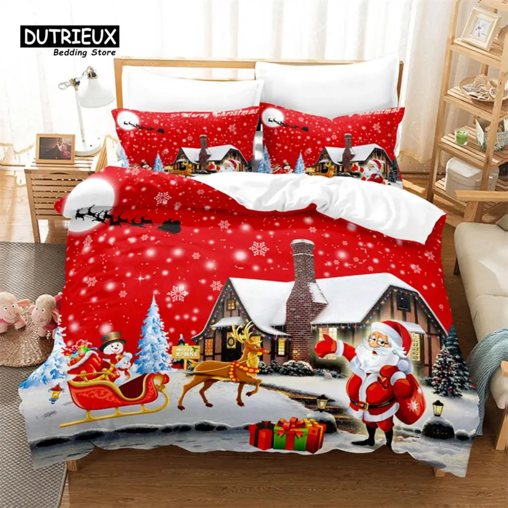 Festive bedding set featuring a snowy Christmas scene with Santa, a reindeer, snowman, gifts, and a cozy cabin. Red background with snowflakes enhances the holiday theme.