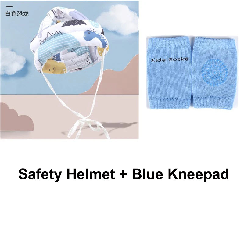 Children's safety set with printed white helmet featuring dinosaur pattern and blue kneepads labeled "Kid's Socks." Background has clouds and abstract shapes.