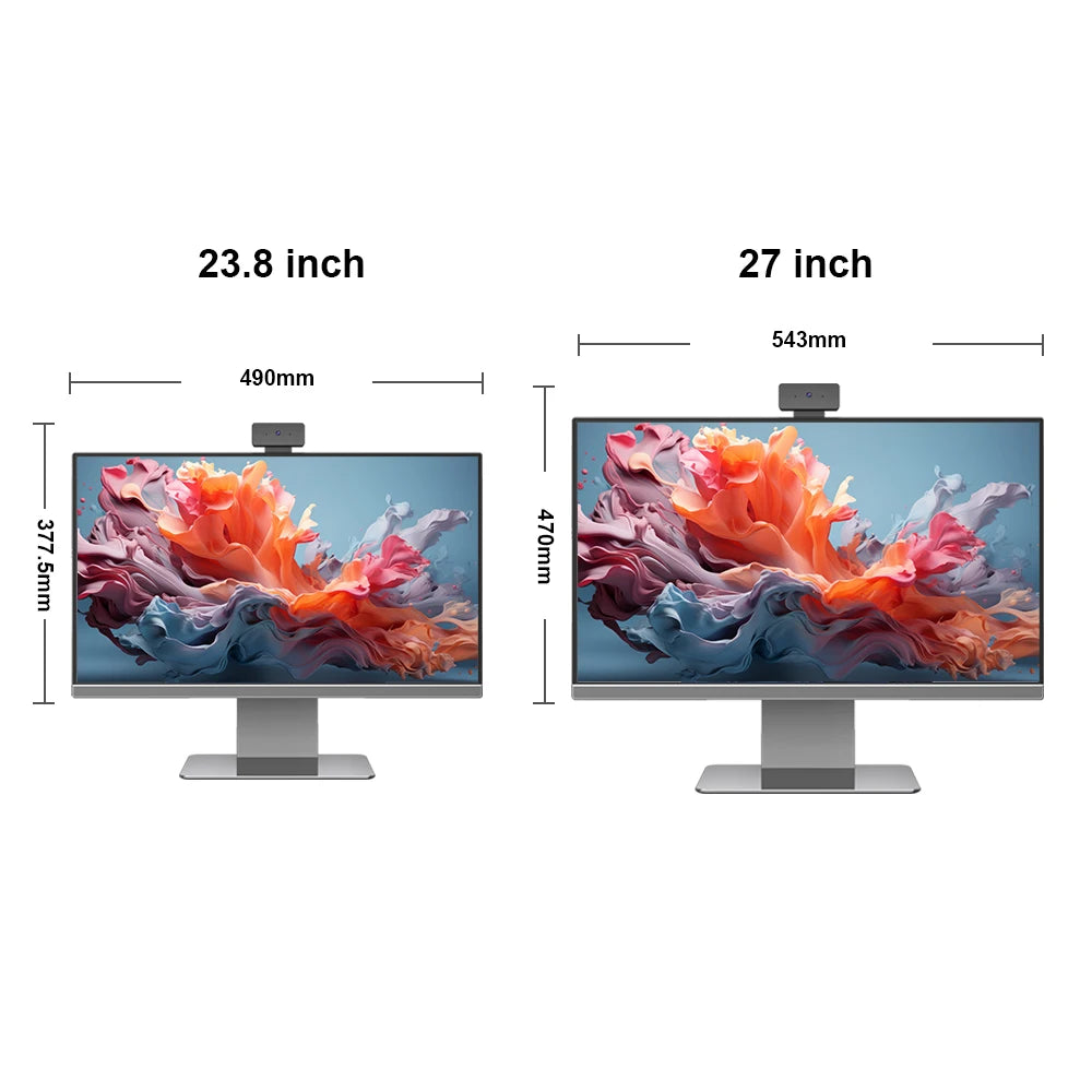 Two monitors side by side, one 23.8 inches (490mm wide, 377.5mm tall) and another 27 inches (543mm wide, 470mm tall), both displaying vibrant abstract art.
