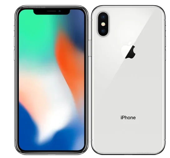 Front and back view of a smartphone. The front displays a colorful, abstract wallpaper, while the back shows dual cameras and an Apple logo on a glossy white surface.