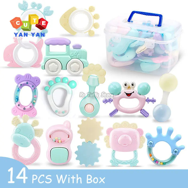 Baby toy set with 14 colorful pieces including rattles and teethers shaped like animals and vehicles, stored in a clear plastic box with a blue handle.