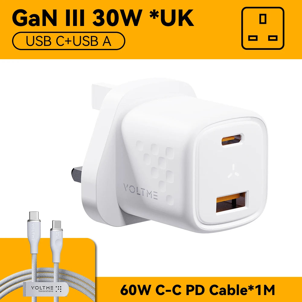 White Voltme GaN III 30W UK plug charger with USB-C and USB-A ports. Includes a 60W, 1-meter USB-C to USB-C PD cable, set against an orange background.