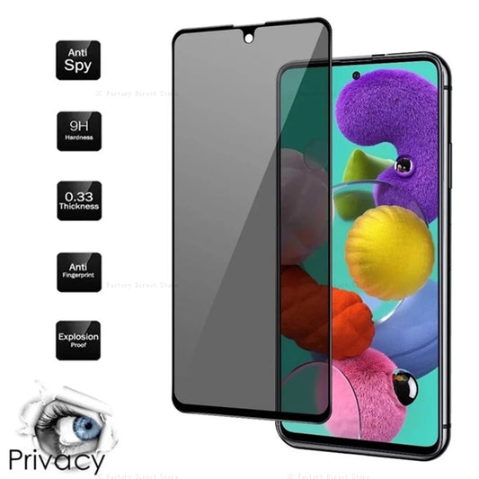 Privacy screen protector for a smartphone. Features include anti-spy, 9H hardness, 0.33mm thickness, anti-fingerprint, and explosion-proof. Shows partial coverage on a colorful phone display.