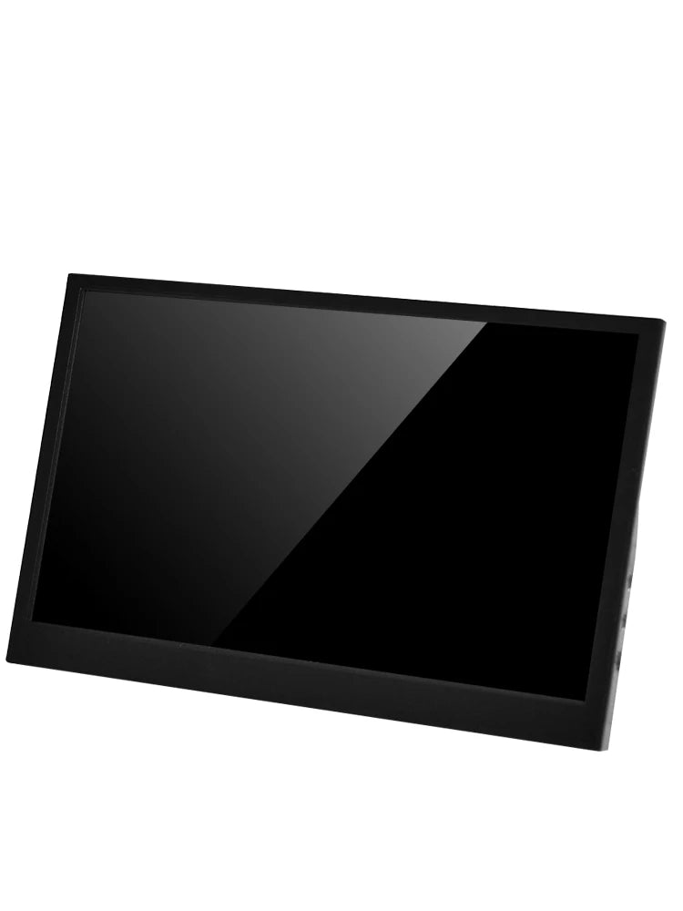 Sleek, black, rectangular computer monitor with a glossy screen, viewed from the side against a white background.