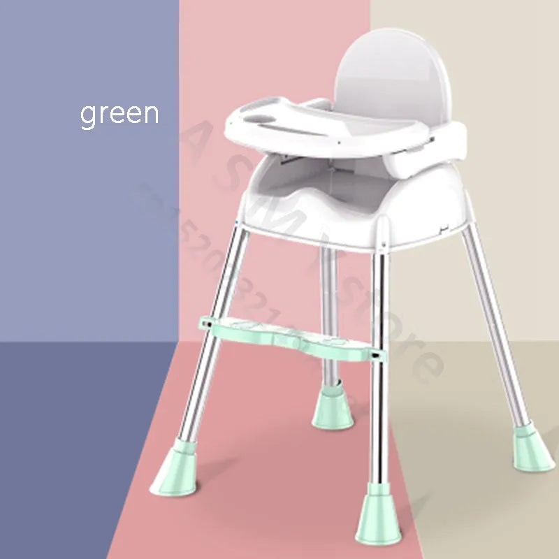 White high chair with a green footrest and leg tips, on a pastel tri-color background of blue, pink, and beige. The word "green" is visible on the left side.