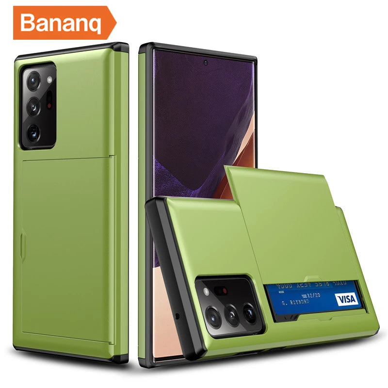 Green phone case with credit card slot and camera cutout, showcasing its storage feature. The phone screen is visible, with the Banang logo in the top-left corner.