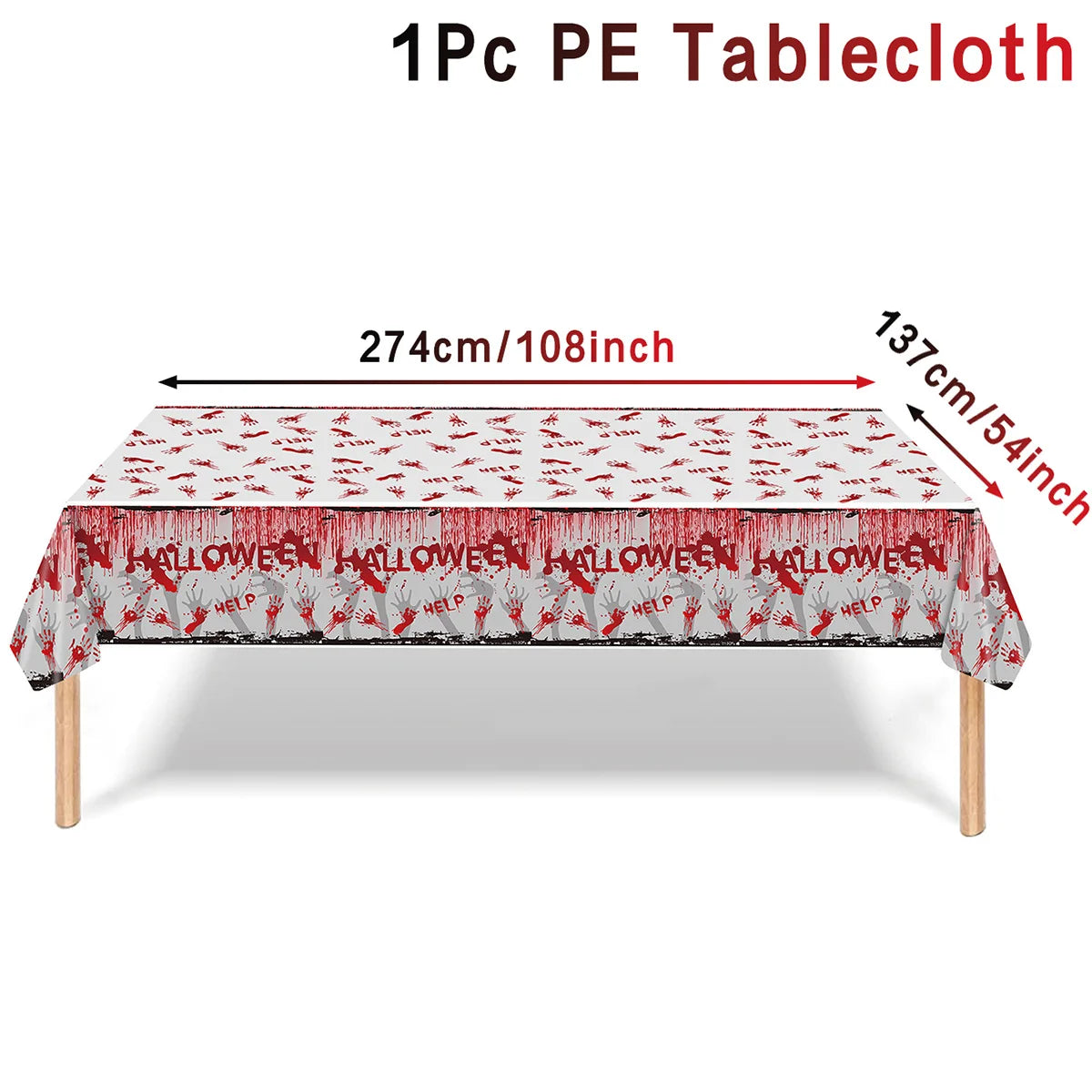 Halloween-themed tablecloth with blood-splattered design and words "HELP" and "HALLOWEEN." Measures 274 cm by 137 cm. White background with red handprints.
