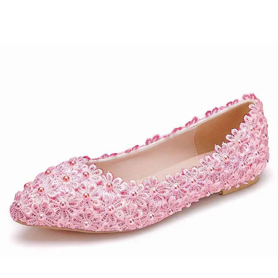 Pink lace ballet flat adorned with floral patterns and small pearls, featuring a scalloped edge and a neutral insole.