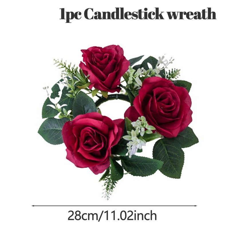 Floral candlestick wreath with red roses and green foliage, measuring 28 cm (11.02 inches) in diameter.
