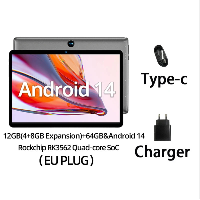 Tablet with Android 14, 12GB RAM, and 64GB storage. Features Rockchip RK3562 quad-core SoC. Includes USB Type-C cable and EU plug charger.