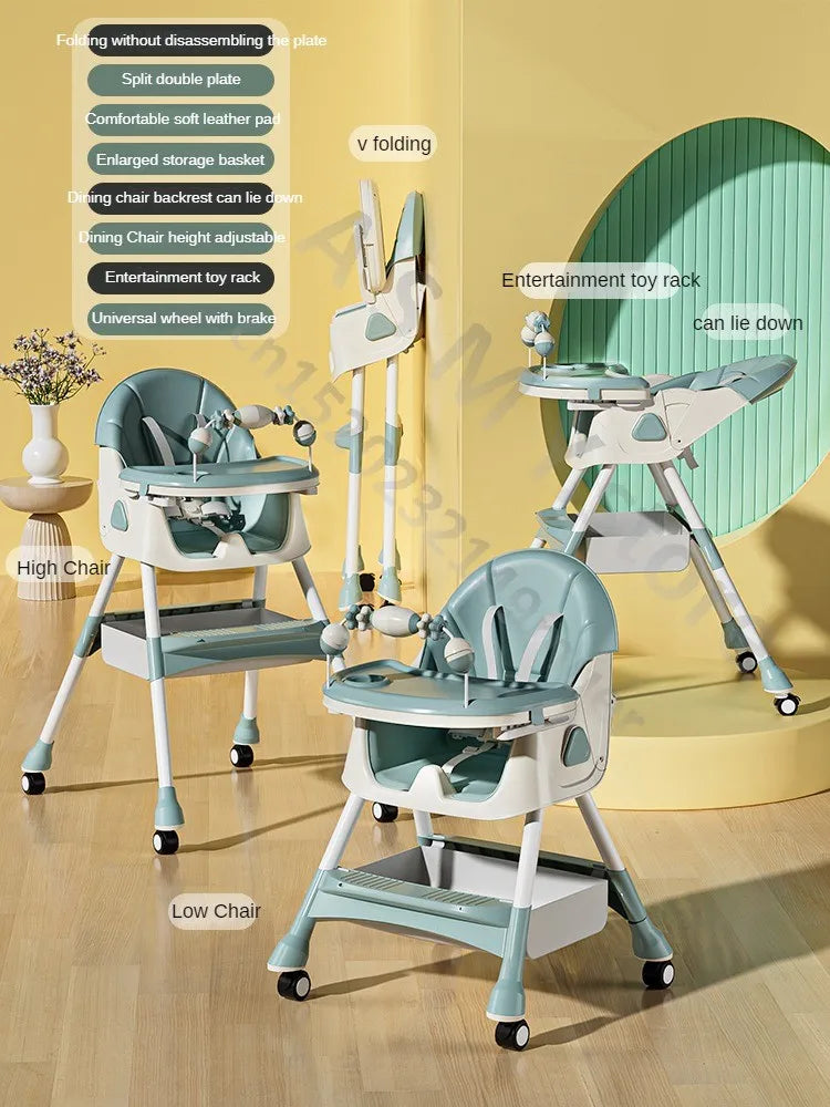 Convertible high chair set, showcasing high and low chair configurations. Features include adjustable backrest, toy rack, storage basket, and foldable design.