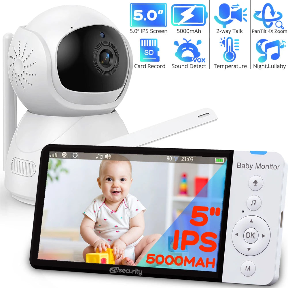Baby monitor with a 5-inch IPS screen and camera. Features include 5000mAh battery, 2-way talk, night mode, temperature display, SD card recording, and pan-tilt zoom.