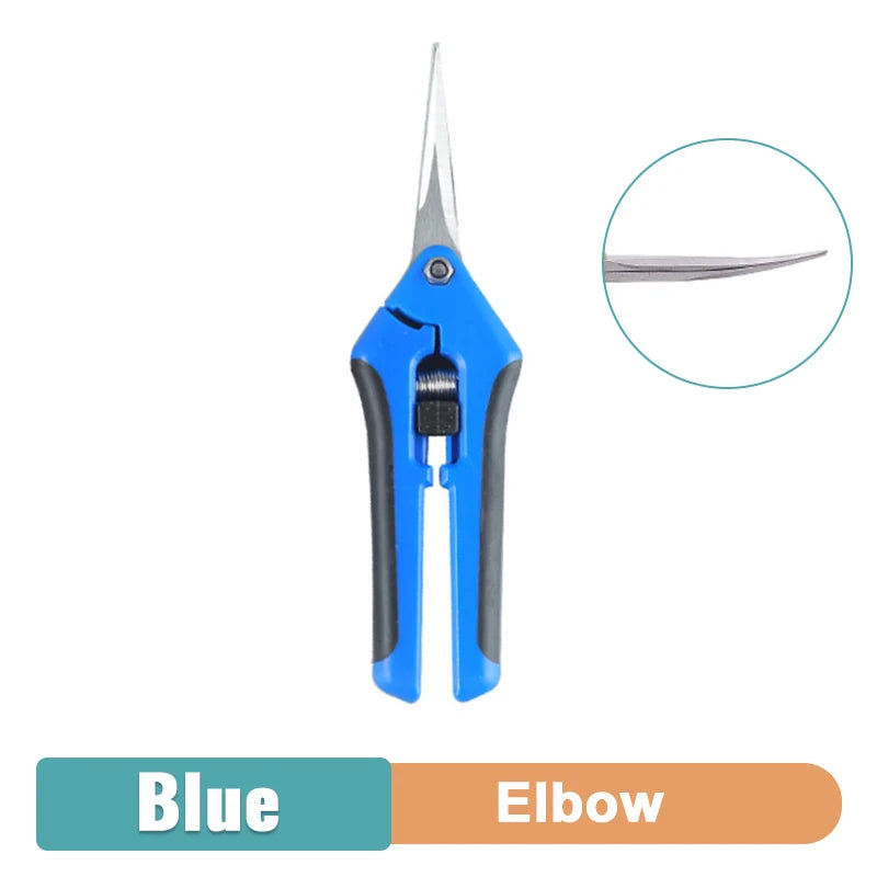 Blue pruning shears with curved tip displayed centrally, featuring a close-up of the blade in a circular inset. Below, a label shows "Blue" and "Elbow" in contrasting colors.