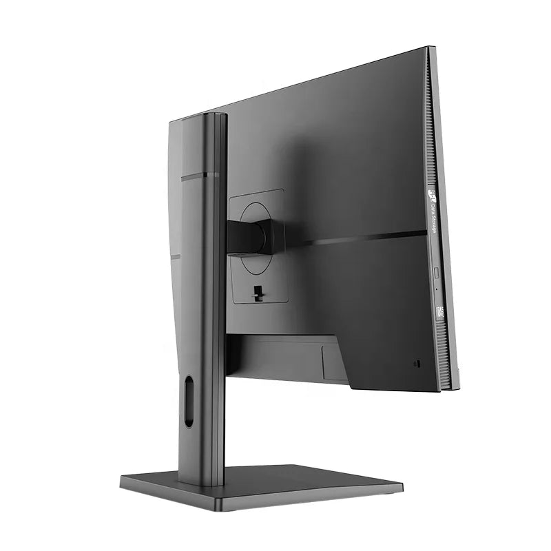Rear view of a black computer monitor with a rectangular stand, featuring a slim design and adjustable tilt mechanism, shown against a white background.