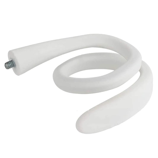 White spiral-shaped ceramic piece with a threaded metal rod at one end, resembling a curly horn or sculptural element.