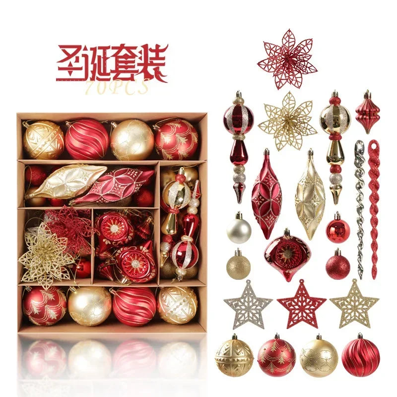 A set of red and gold Christmas ornaments, including stars, balls, and decorative shapes. They come in a divided box, showcasing intricate designs and patterns.