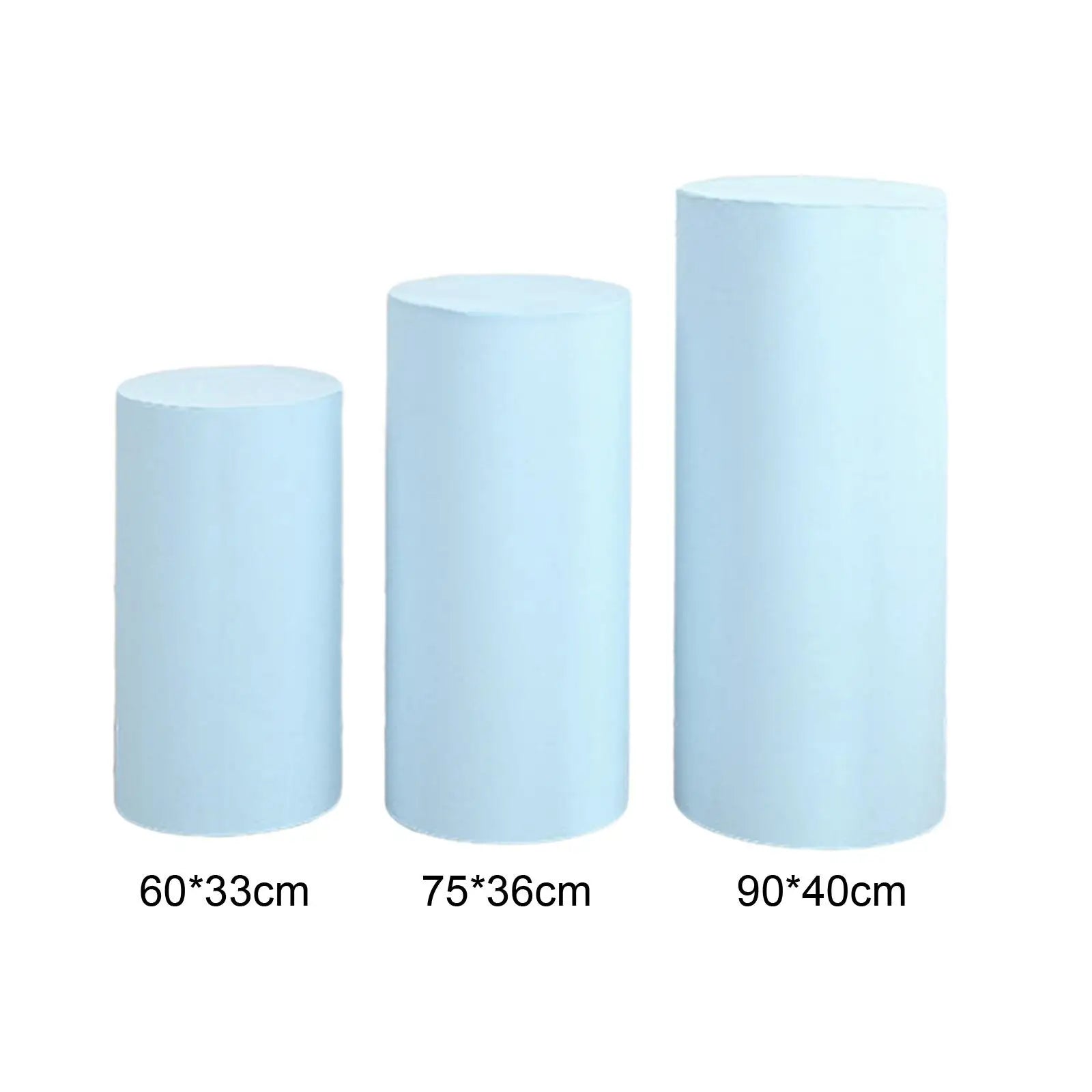 Three light blue cylindrical columns of different heights. From left to right: 60x33 cm, 75x36 cm, and 90x40 cm, arranged in ascending order of height.