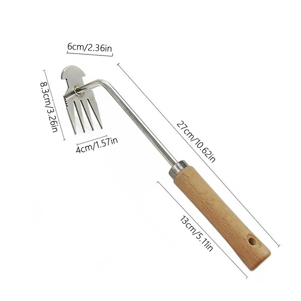 Metal claw garden tool with five prongs, wooden handle, and measurements indicated: 27cm total length, 8.3cm prong length, 6cm prong width. Hole in handle for hanging.