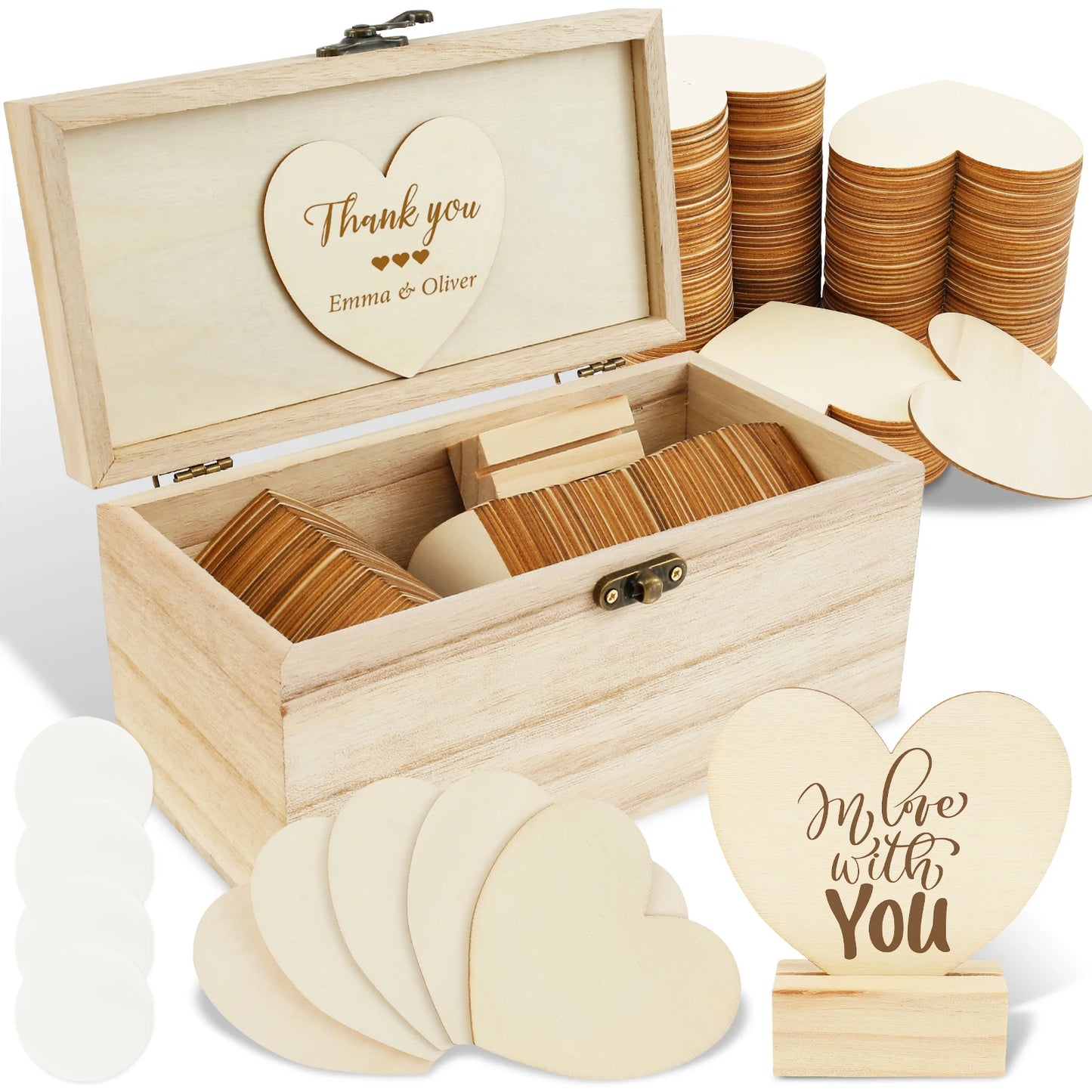 Wooden memory box set with heart-shaped plaques, labeled "Thank you" inside the lid. Includes heart pieces for messages, a plaque that says "I love with you," and a stand.