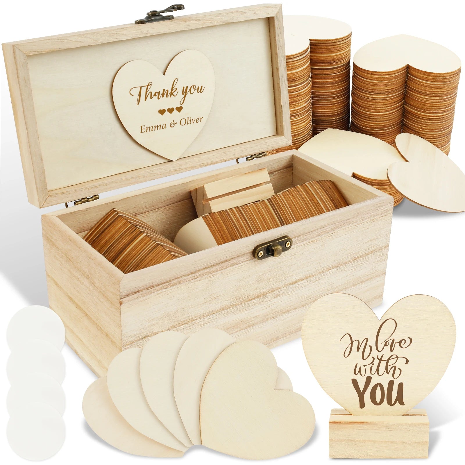 Wooden memory box set with heart-shaped plaques, labeled "Thank you" inside the lid. Includes heart pieces for messages, a plaque that says "I love with you," and a stand.