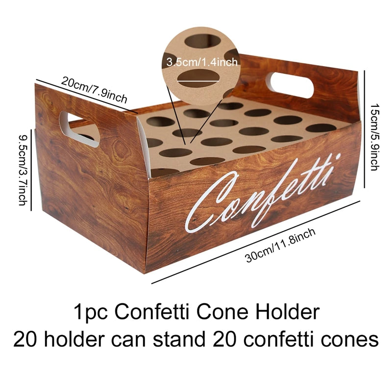 Wooden confetti cone holder with 20 slots, each 3.5cm in diameter. Dimensions are 30cm x 20cm x 15cm. Holds 20 cones. Handles on sides, "Confetti" written on the front.