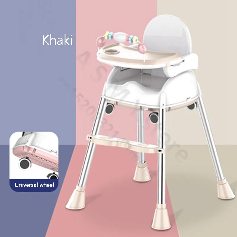 Khaki high chair with adjustable tray featuring colorful toys, shown against a two-toned background. Close-up inset highlights the universal wheels for easy mobility.
