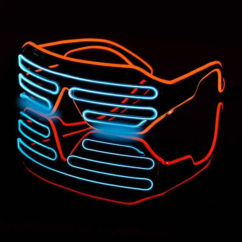 Neon glasses with bright blue and orange lines, resembling blinds, against a black background. The reflective surface enhances the vibrant glow, creating a futuristic look.