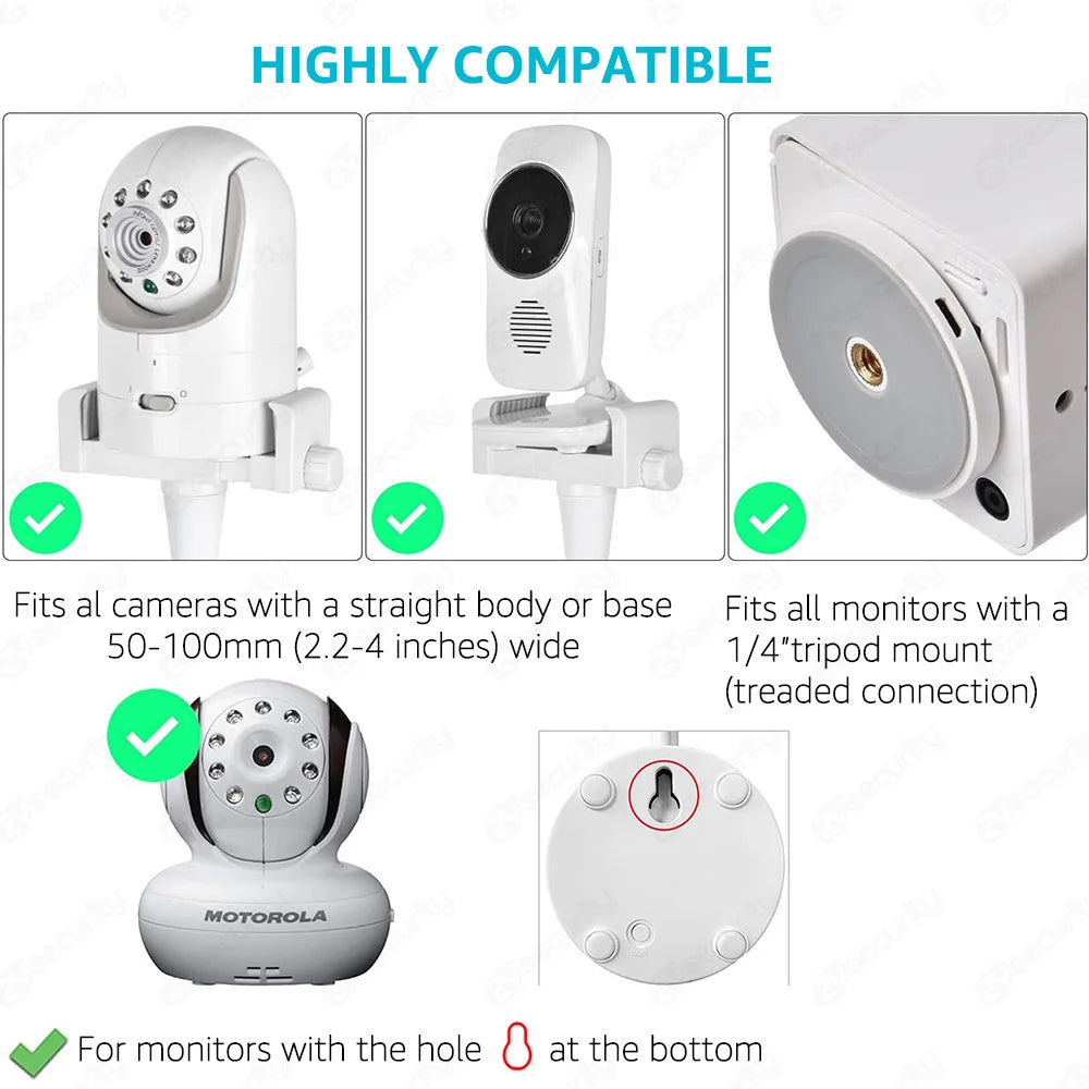 Compatible camera mounts shown for devices with straight bodies, 50-100mm wide, 1/4" tripod mounts, or specific bottom hole designs. Includes various camera and mount images.
