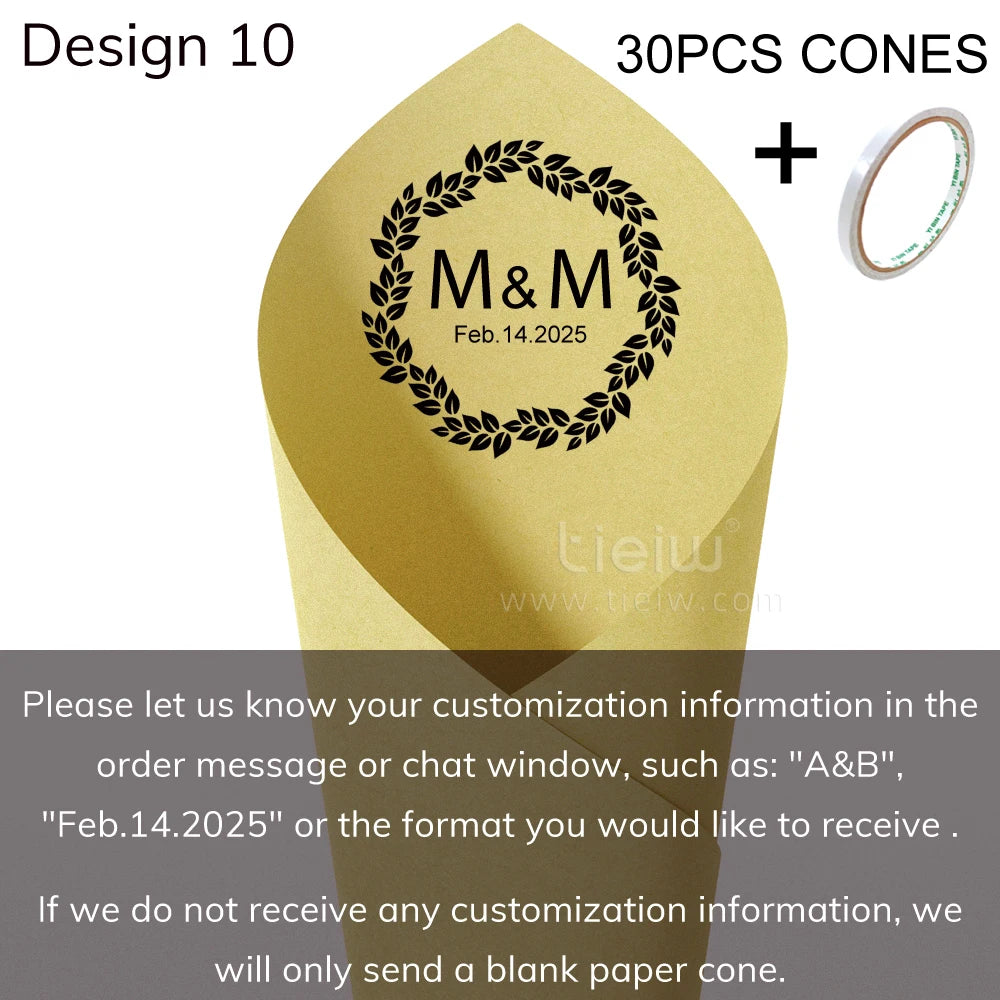 Gold cone with black laurel design, "M&M Feb.14.2025" text. Sold as 30 pieces with tape. Customization details required; otherwise, blank cones are sent. Design 10.