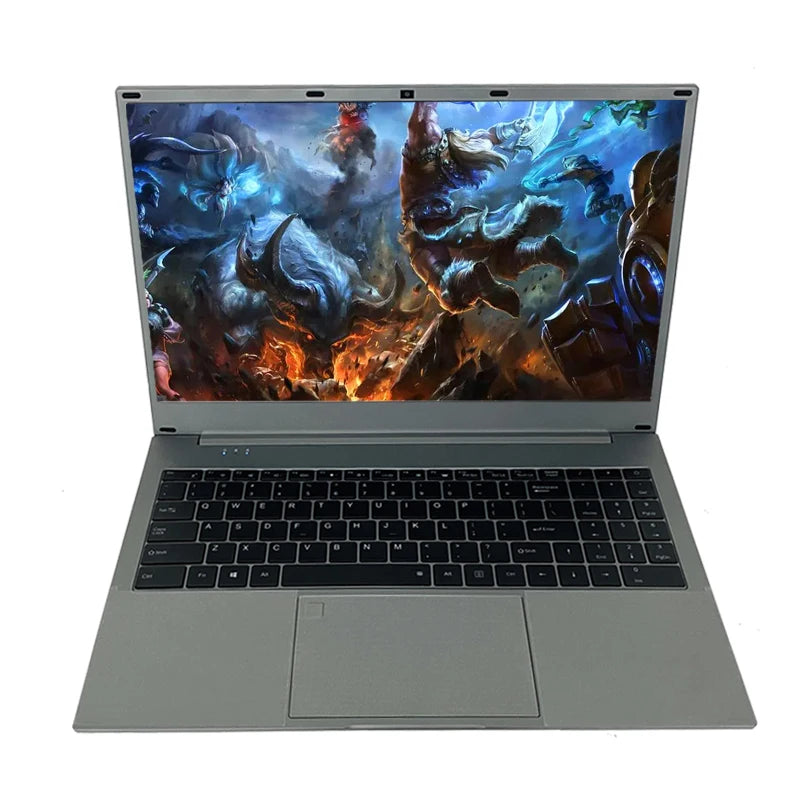 Open laptop with a fantasy-themed video game on the screen, displaying colorful, dynamic characters in a battle scene. The laptop has a black keyboard and a gray body.
