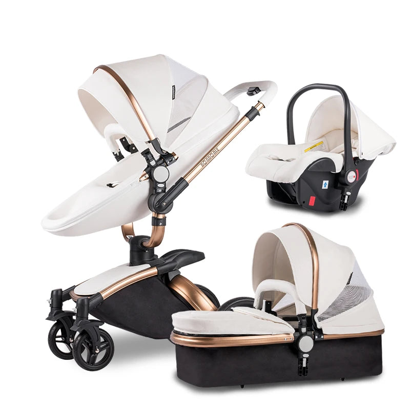 A white and gold baby travel system including a stroller with a bassinet, a detachable car seat, and a reclining seat. The stroller has a sleek, modern design.