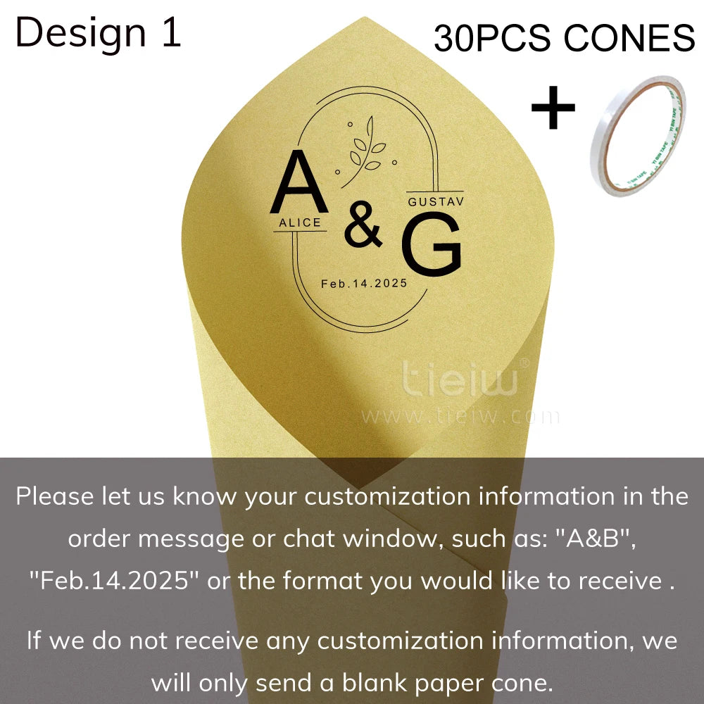 Gold paper cone labeled with "A & G," "Alice," "Gustav," and "Feb. 14, 2025." Includes 30 cones and tape. Instructions for customization in order message provided.