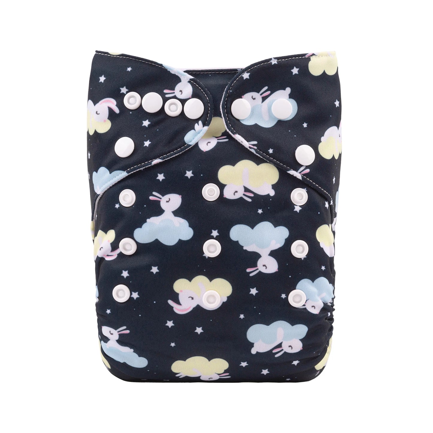 Dark cloth diaper with pastel clouds, stars, and sleeping rabbits. White snap buttons are visible on the front for adjustable fitting.