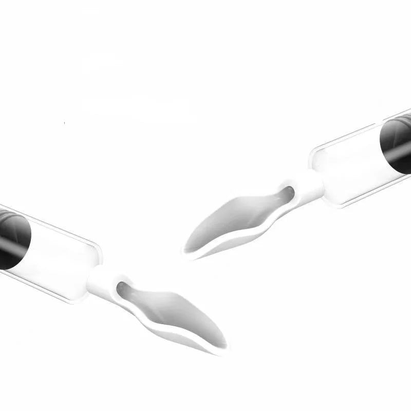Two sleek, curved white handles with black accents face each other against a white background. The design appears minimalistic and modern.