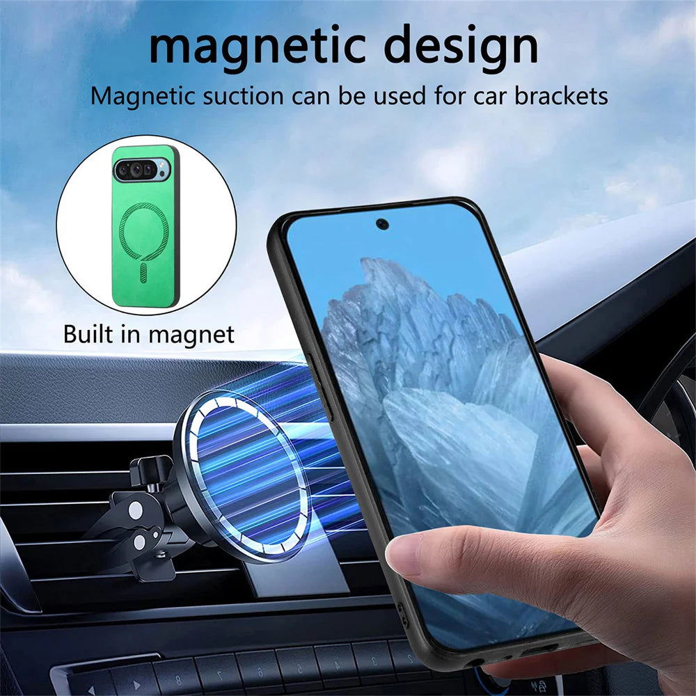 Hand holding a smartphone with a magnetic case near a car vent mount. The text highlights the magnetic design for secure attachment to car brackets. Blue and black color scheme.