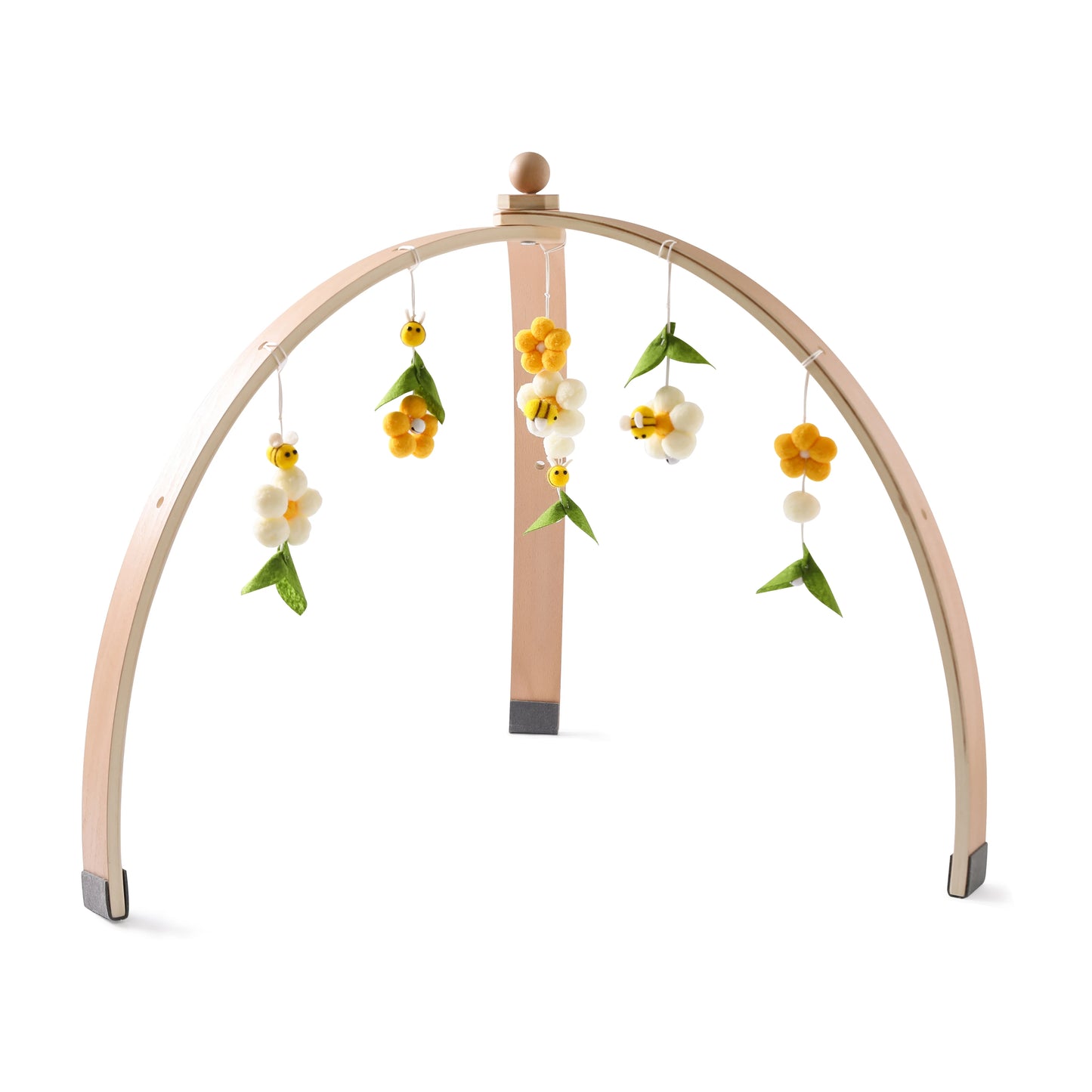 Wooden arch baby play gym with hanging felt flowers and leaves in yellow, white, and green. The minimalist design is suitable for baby development and engagement.