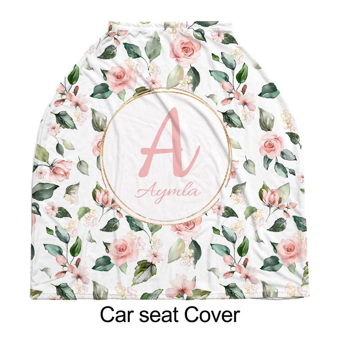 Floral car seat cover featuring pink roses and green leaves on a white background, with a central pink letter "A" and the word "Aymla" in a circle.