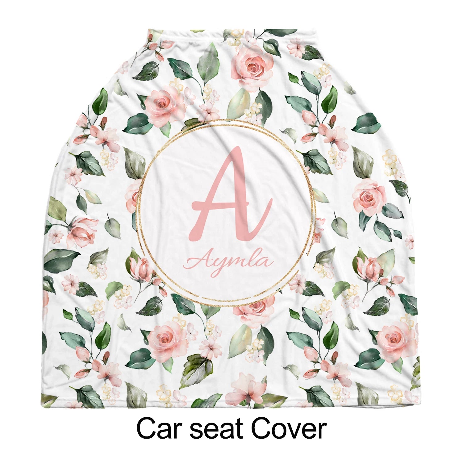 Floral car seat cover featuring pink roses and green leaves on a white background, with a central pink letter "A" and the word "Aymla" in a circle.