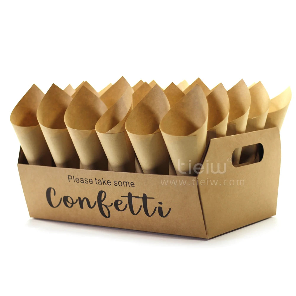 A cardboard holder labeled "Please take some confetti" contains multiple brown paper cones.