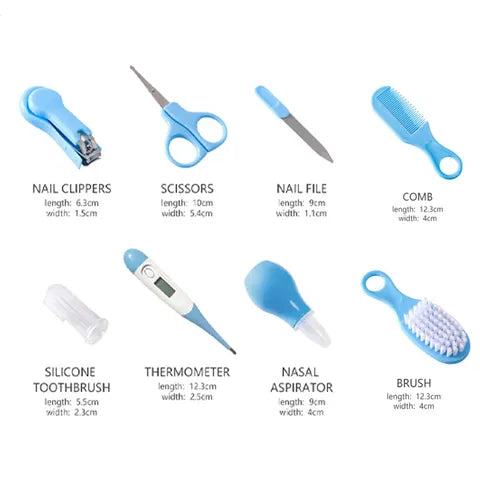 A set of eight blue baby care items including nail clippers, scissors, nail file, comb, silicone toothbrush, thermometer, nasal aspirator, and brush, with dimensions listed below each.